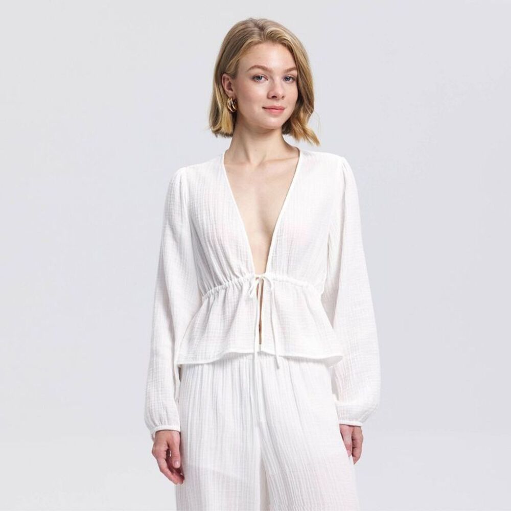 Women's Puff Long Sleeve Tie-Front Crinkle Gauze Top - A New Day White XL